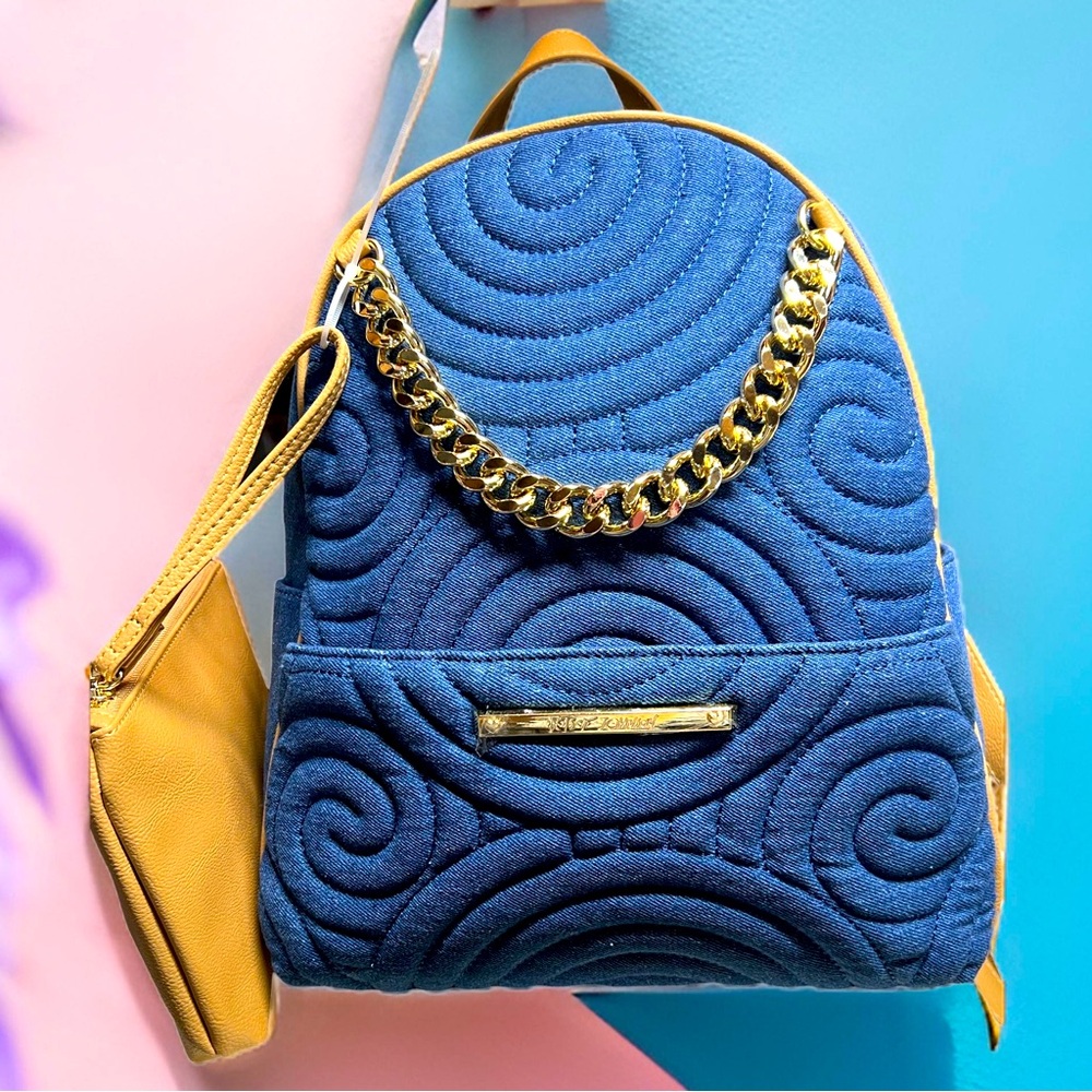 Betsey Johnson Blue Quilted Mini Backpack with Yellow Trim